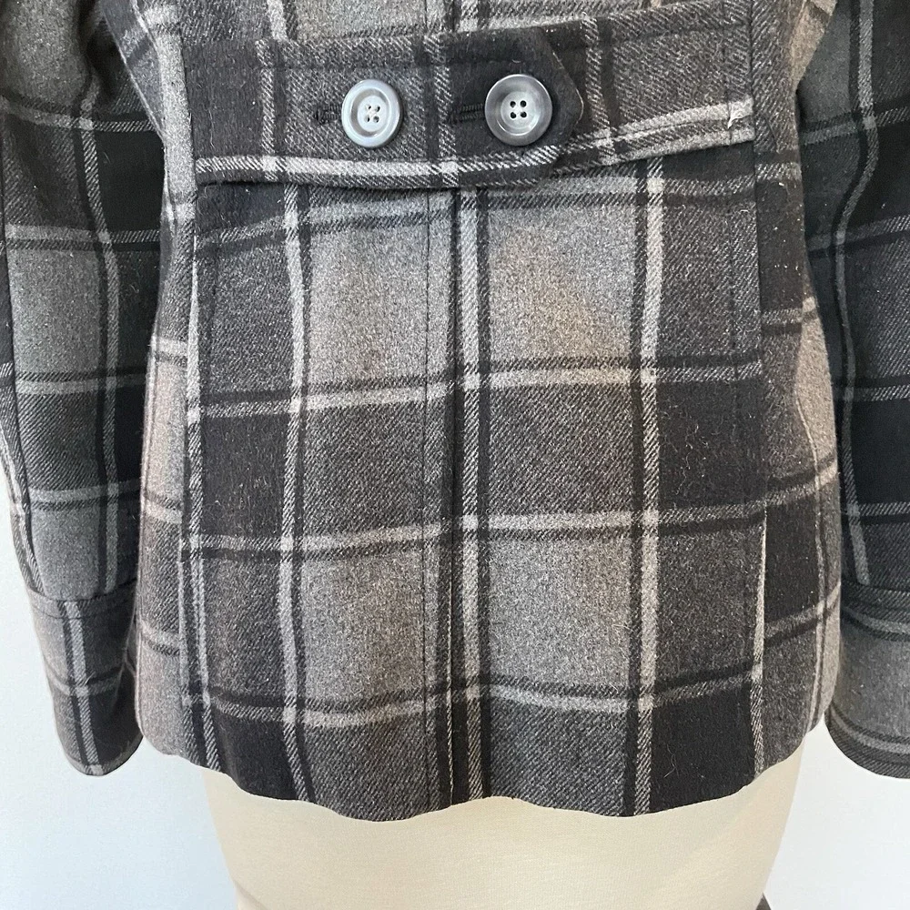 OLD NAVY Women's Gray Black Plaid Double Breasted Peacoat Jacket Medium Wool Bld